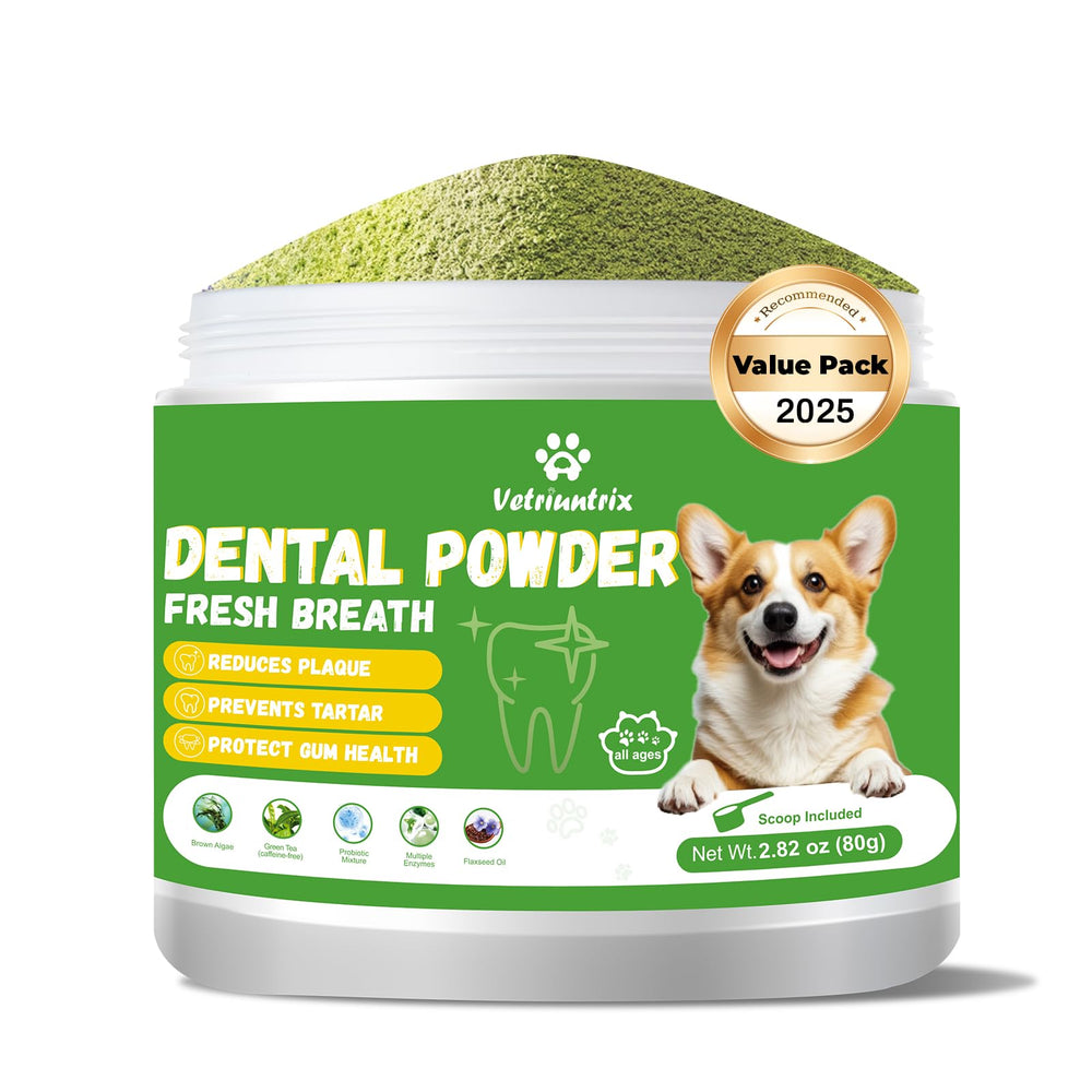 Vetriuntrix dog teeth cleaning powder bottle front for easy daily dental care