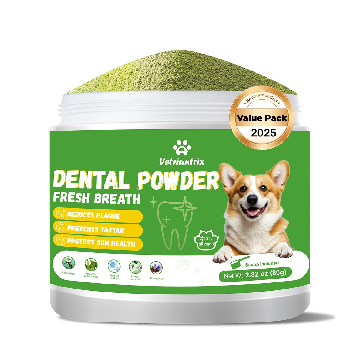 Vetriuntrix dog teeth cleaning powder bottle front for easy daily dental care