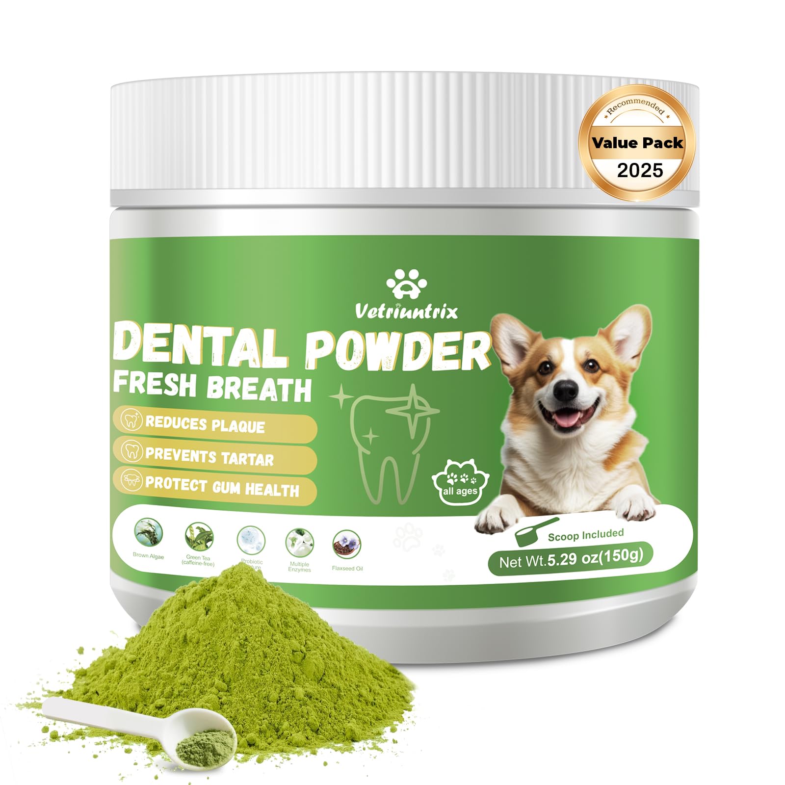 Vetriuntrix dog teeth cleaning powder tub for at-home dental care and fresh breath.