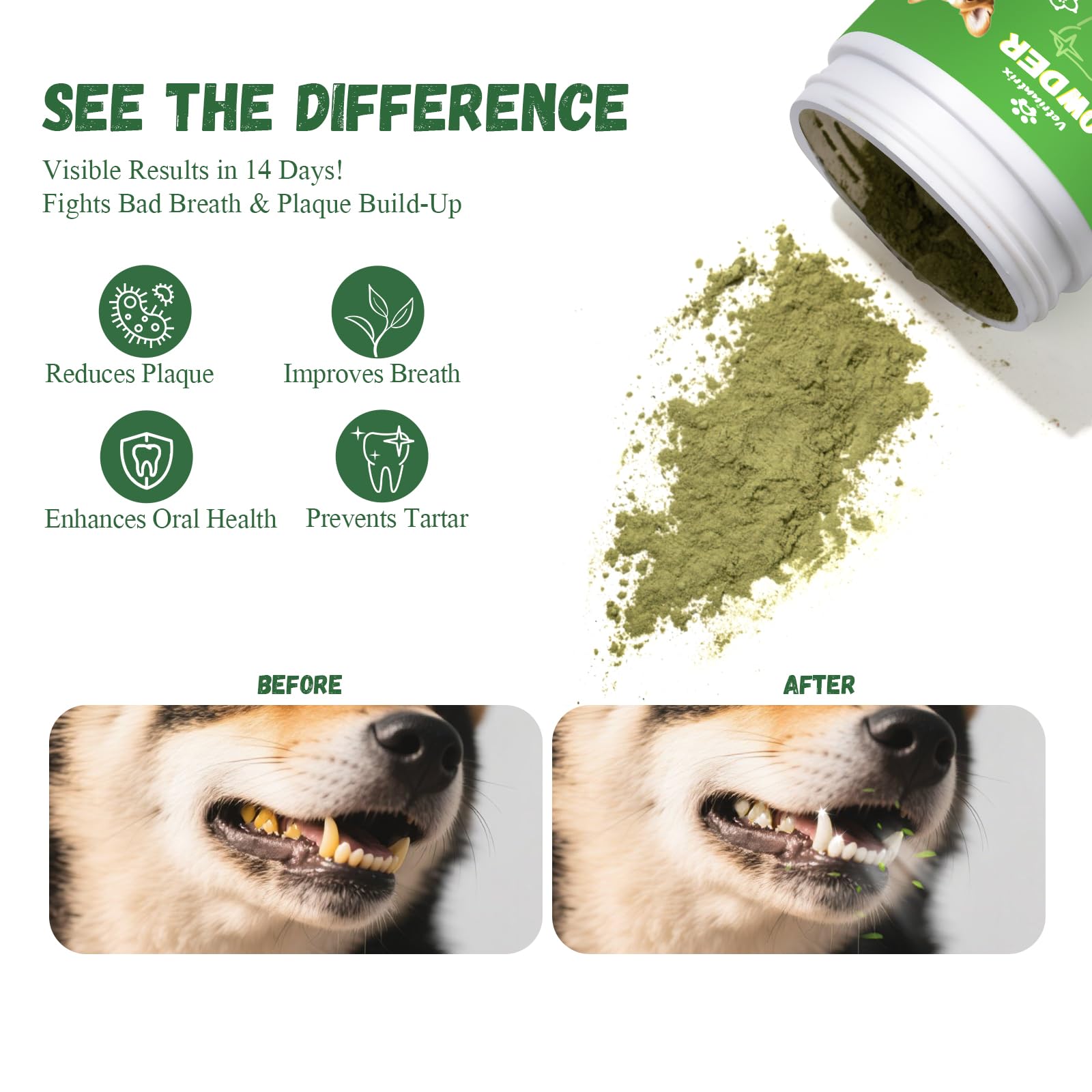 Vetriuntrix dog teeth powder dispenser over dog bowl for easy sprinkle-on dosing