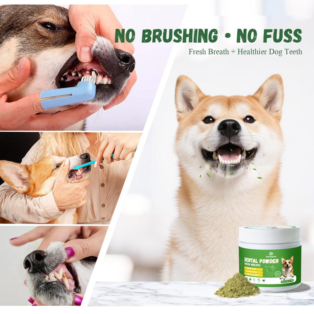 Vetriuntrix dog teeth powder packaging front highlights natural ingredients