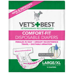 Vet's Best Comfort-Fit diapers pack back view shows secure fit for travel.
