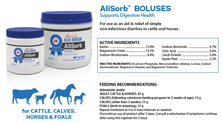 Vet's Plus Bolus packaging shown for practical cattle and horse diarrhea support