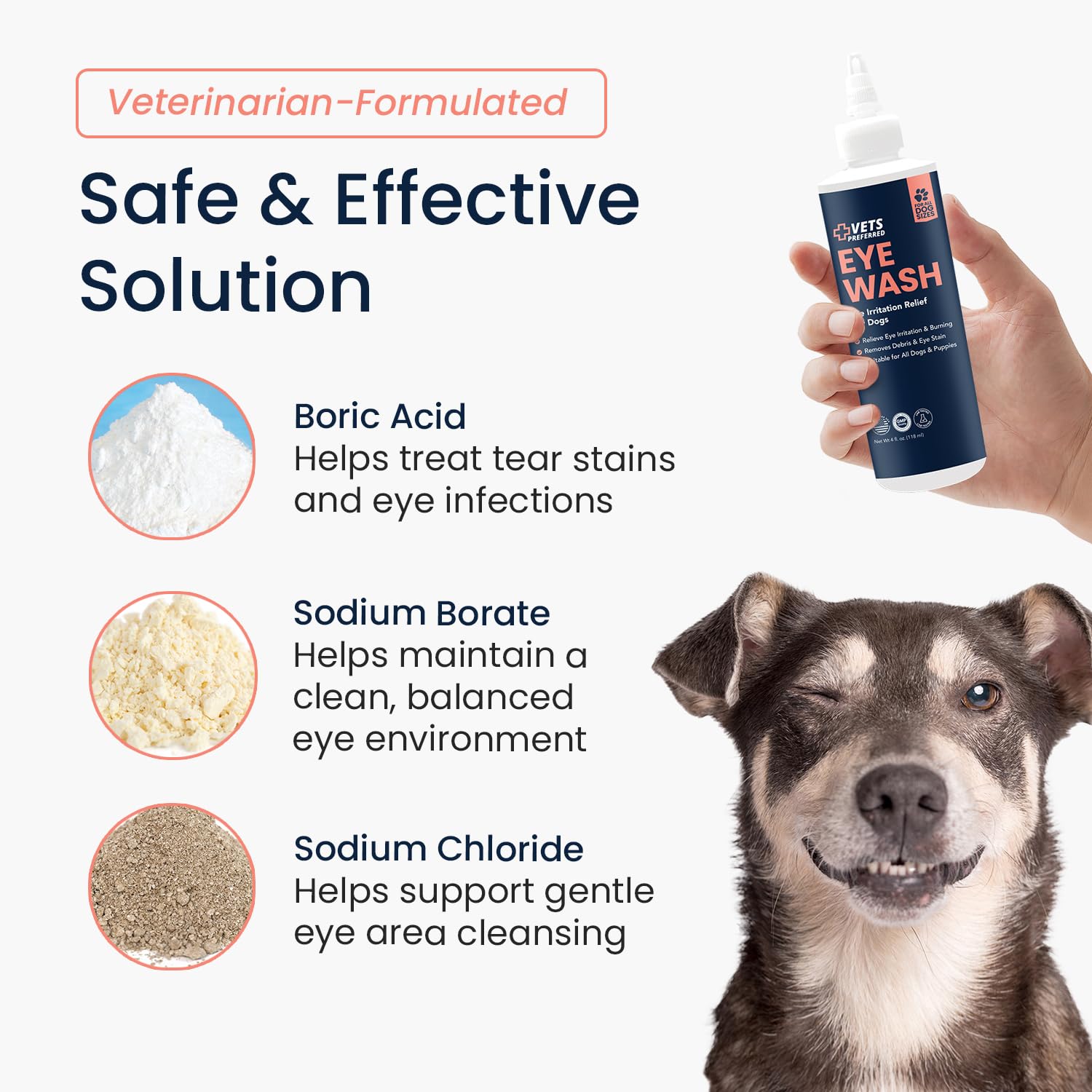 Vets Preferred Eye Cleaner tear stain remover reduces crust around eyes.