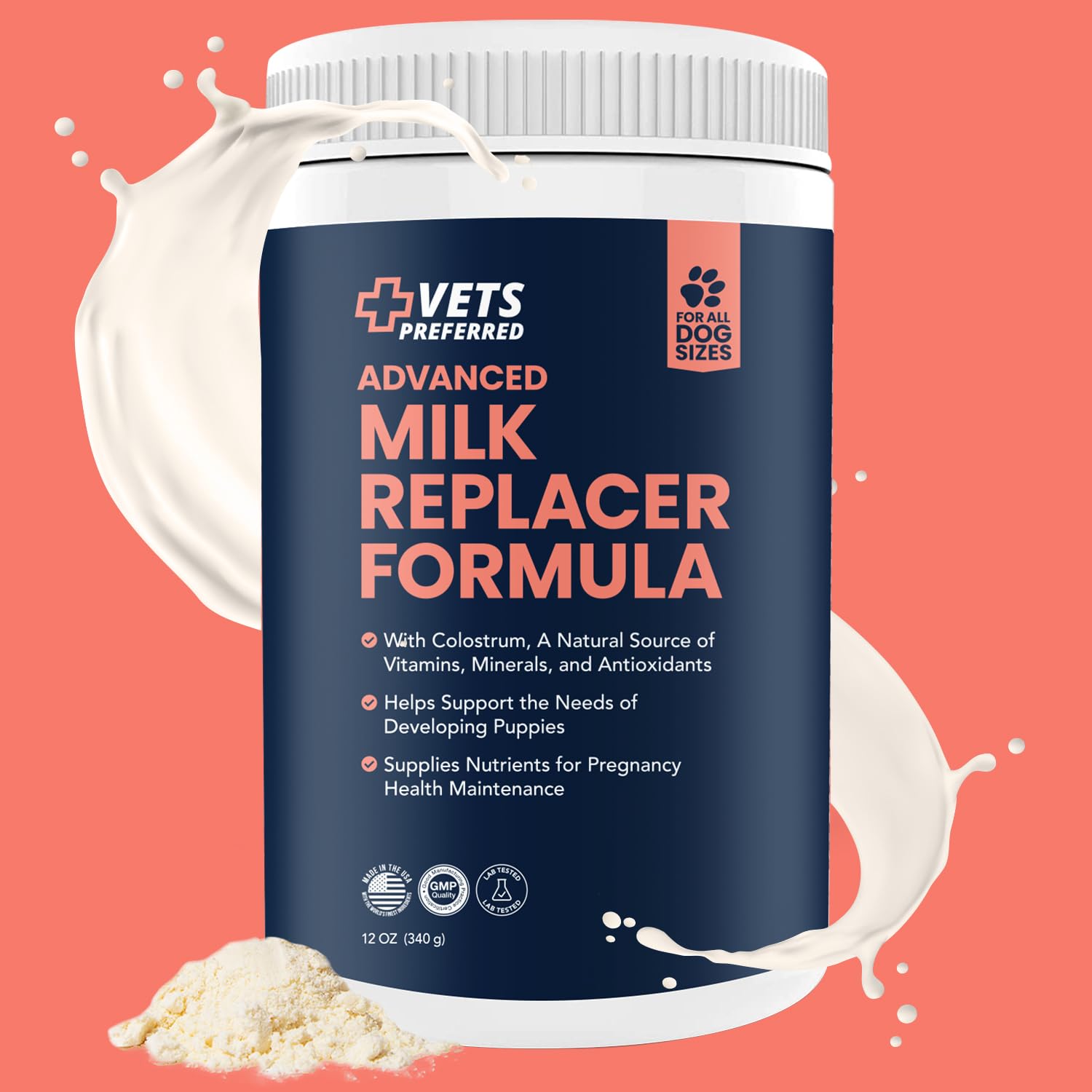 Vets Preferred Puppy Milk packaging close-up shows 12 oz size