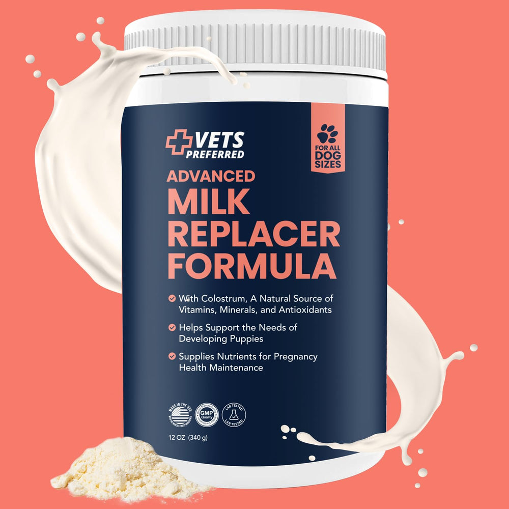 Vets Preferred Puppy Milk packaging close-up shows 12 oz size