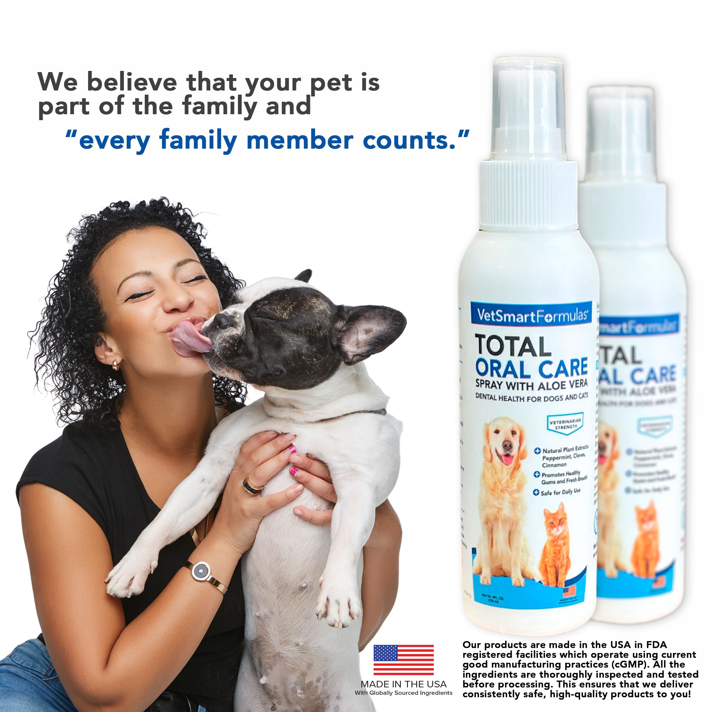 Dogs and cats using the spray during daily routine for oral care.