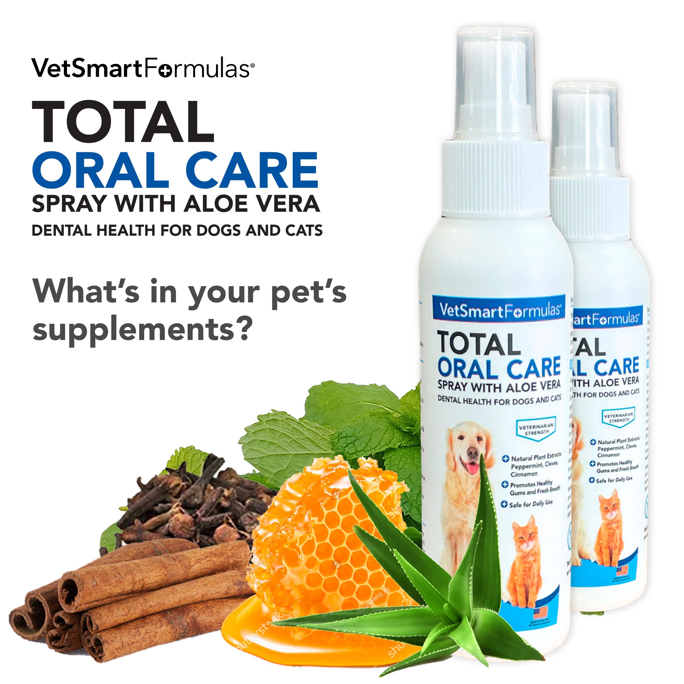 VetSmart Formulas teeth cleaning spray application on dogs and cats.