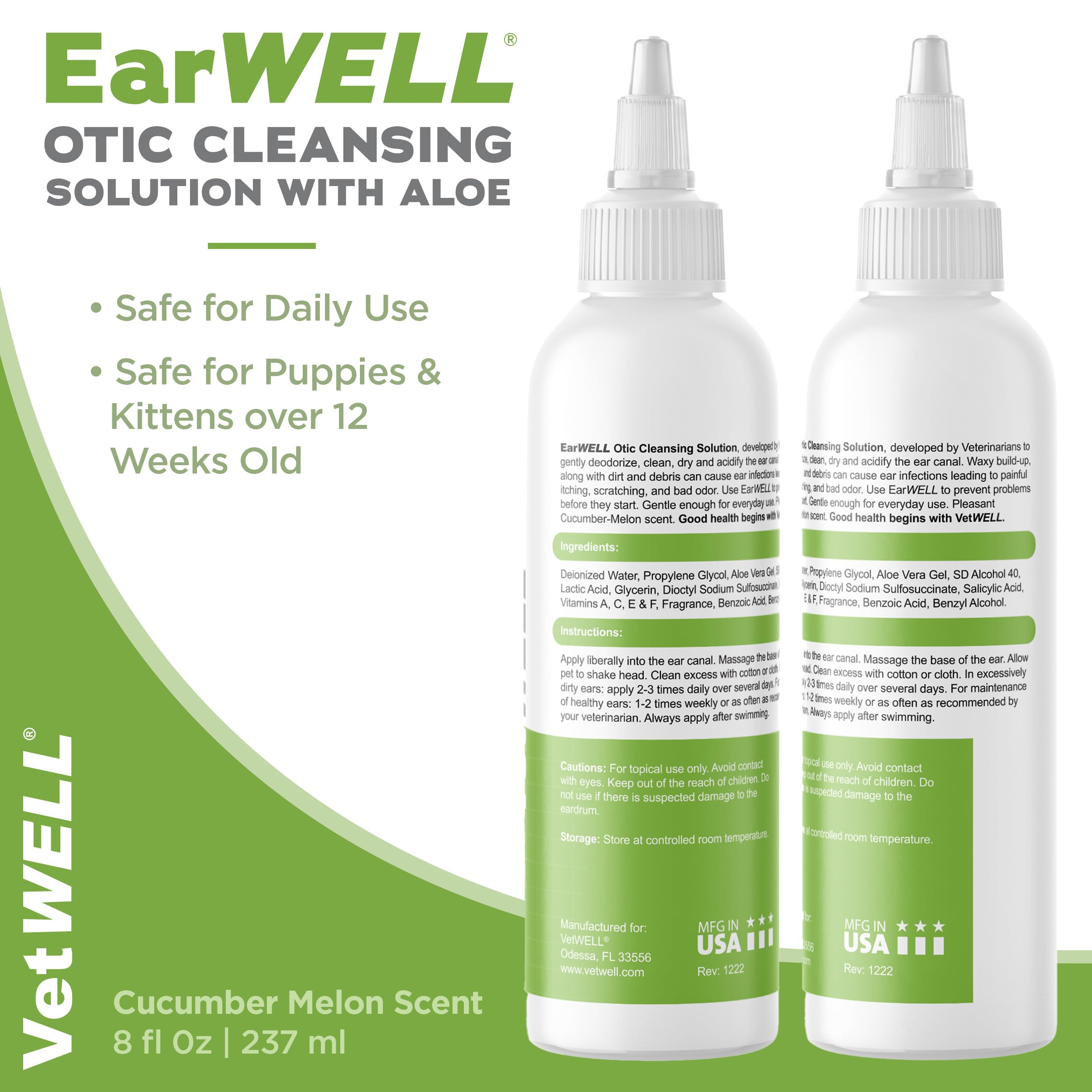 VetWELL Ear Cleaner with cucumber melon scent for pleasant odor control.