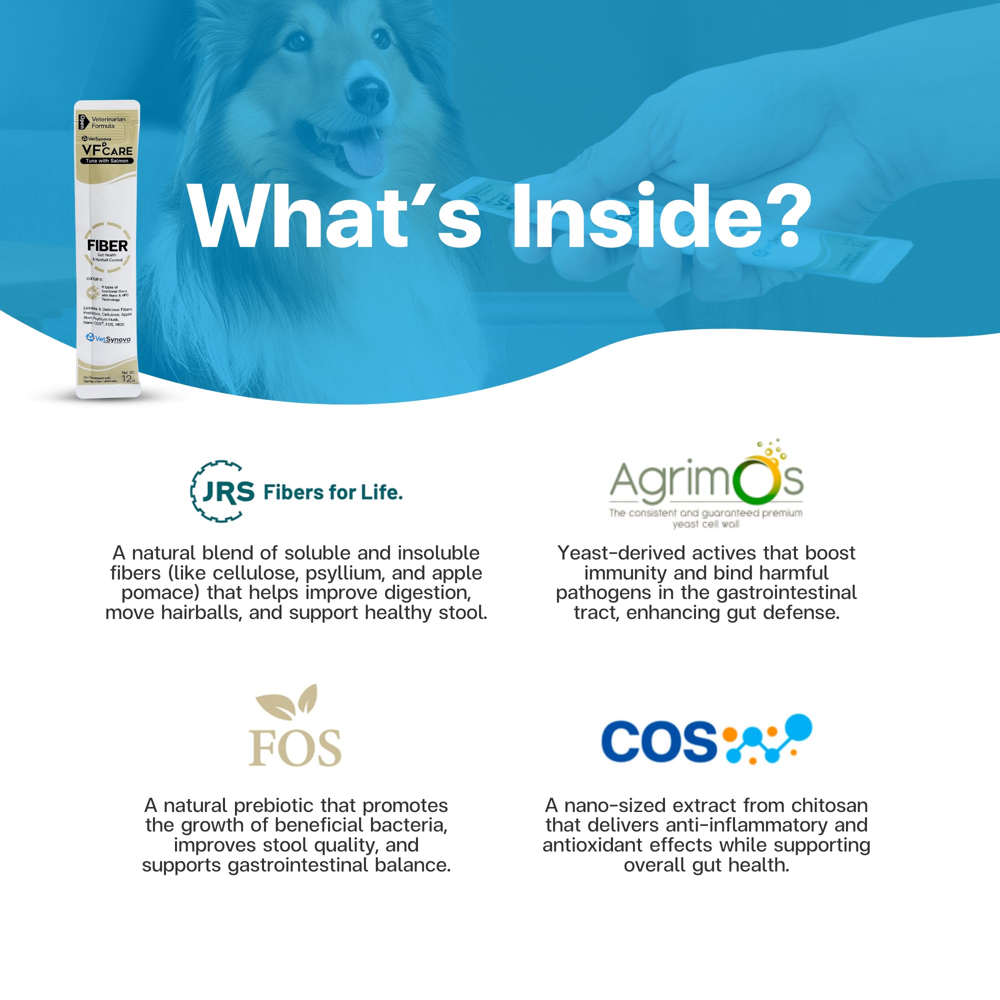 VFCARE Fiber mealtime-use-dogs-cats demonstrates easy daily supplementation.