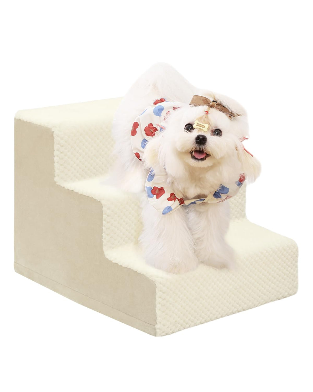 Vfrog dog stairs 3-step beige front view provide stable bed access for small dogs.