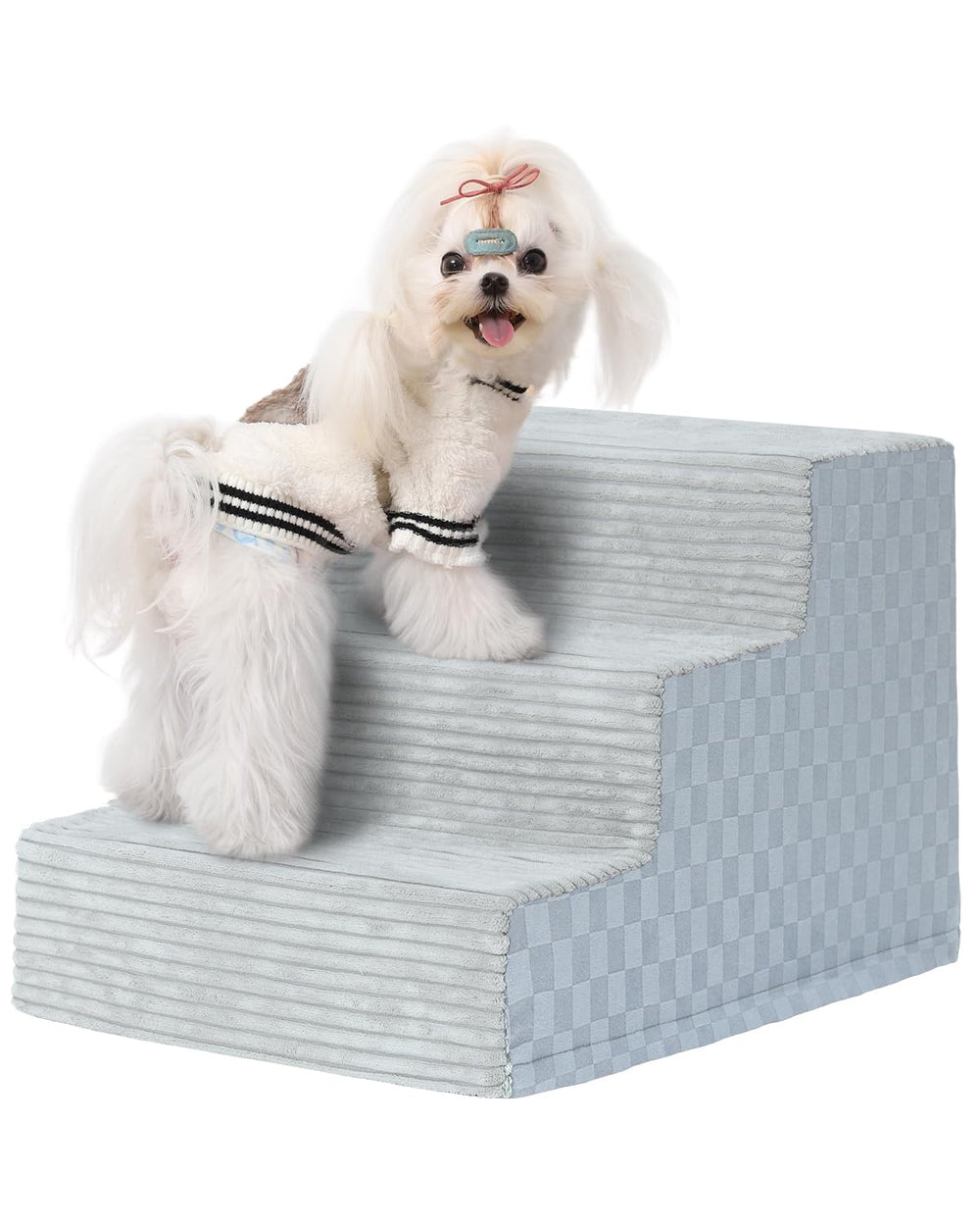Vfrog dog stairs 3-step setup on bed provides stable, easy access for small dogs.