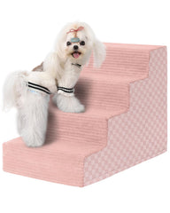 Vfrog dog stairs 4-step pink on bed for easy access and gentle joint support