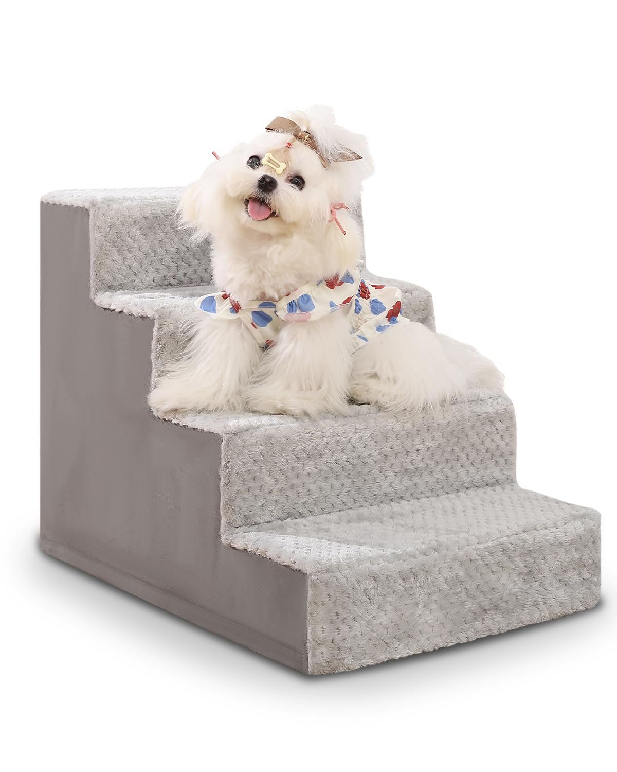 Vfrog 4-step dog stairs setup demonstrates easy assembly and safe climbing for small dogs.