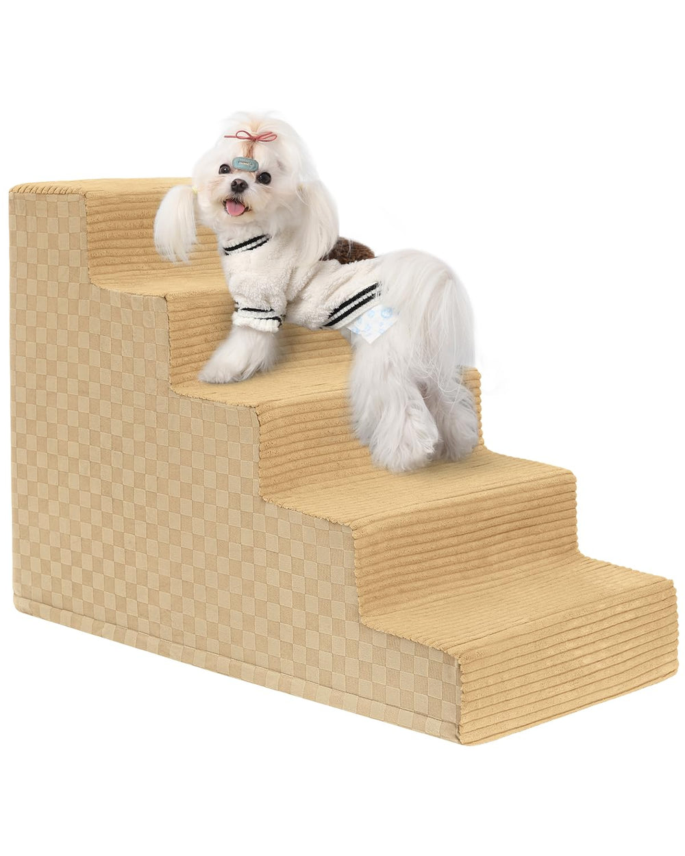 Vfrog dog stairs 5-step khaki on bed for easy pet access