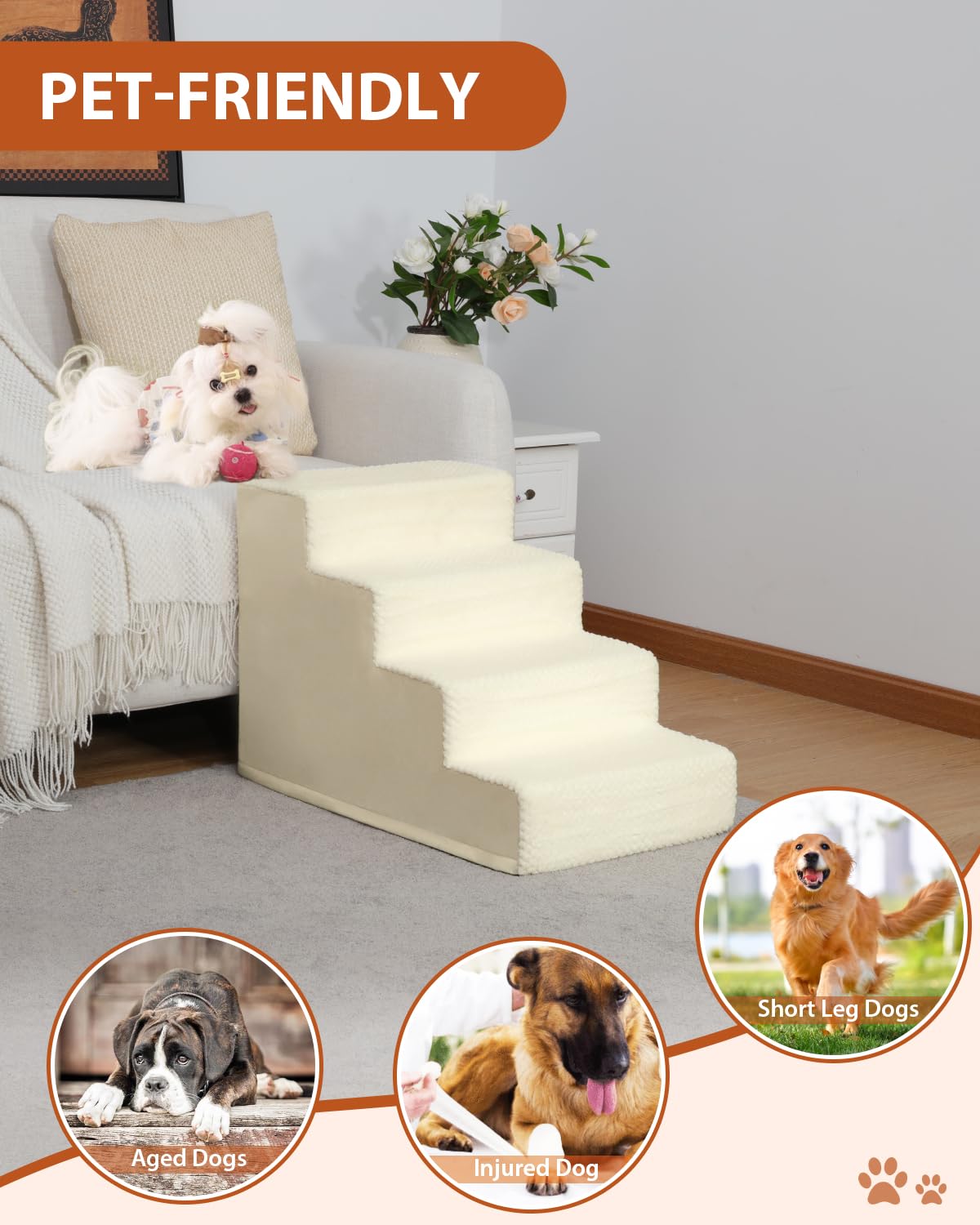 Vfrog dog stairs couch-edge view illustrates safe ascent to the sofa.