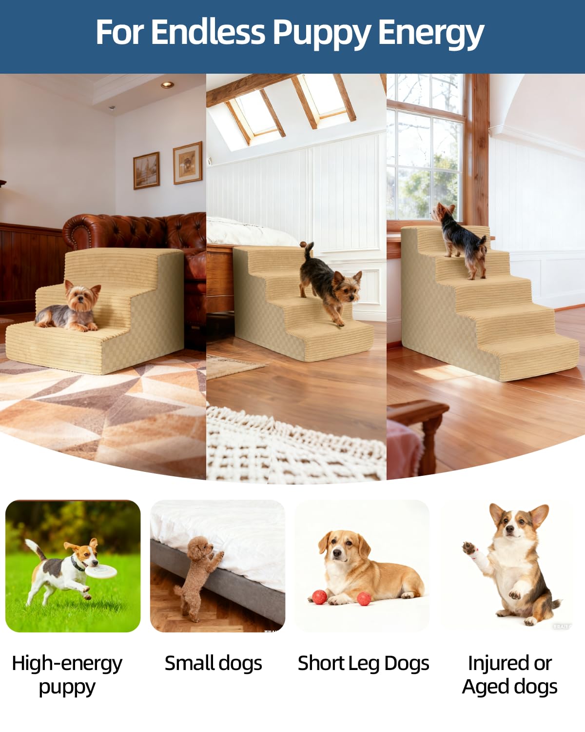 Vfrog dog stairs with high-density foam base supports up to 50 pounds