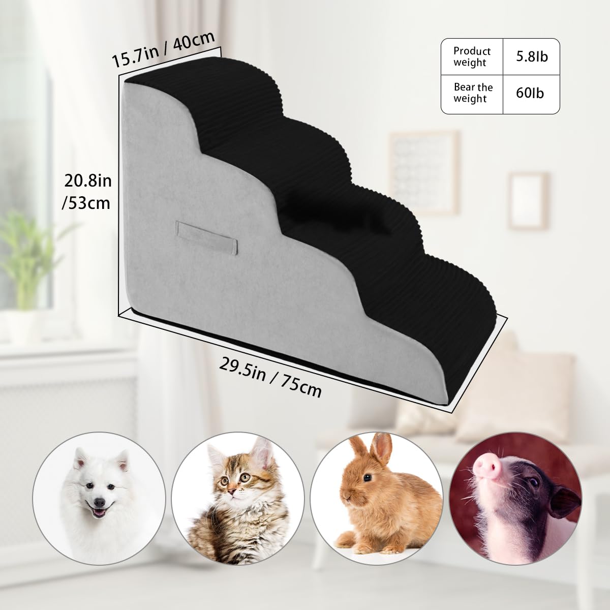Vhaso four-tier black dog stairs support puppies, small dogs, and elder pets