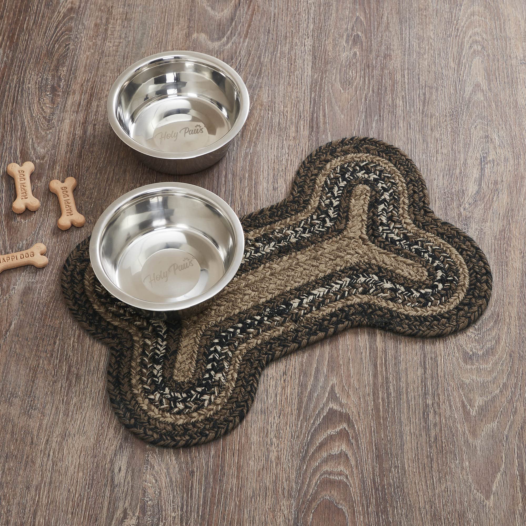 VHC Brands Espresso bone-shaped pet mat close-up shows durable woven rug protecting floors.
