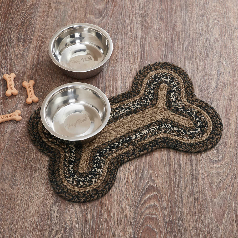 VHC Brands Espresso bone-shaped pet mat close-up shows durable woven rug protecting floors.
