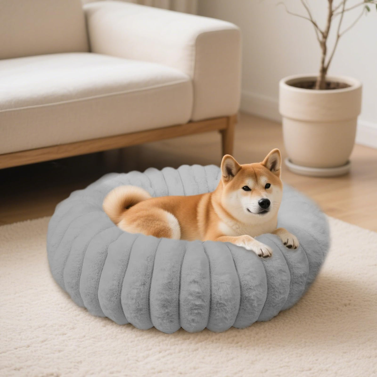 Vhen When donut bed grey exterior shows cozy circle design for restful naps