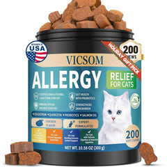 VICSOM packaging for 200 Natural Cat Allergy Relief Chews signaling convenient daily care.