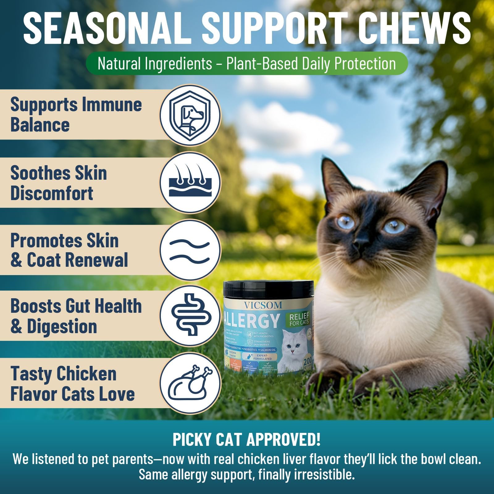 VICSOM soft-chews close-up with tasty chicken flavor for picky cats.