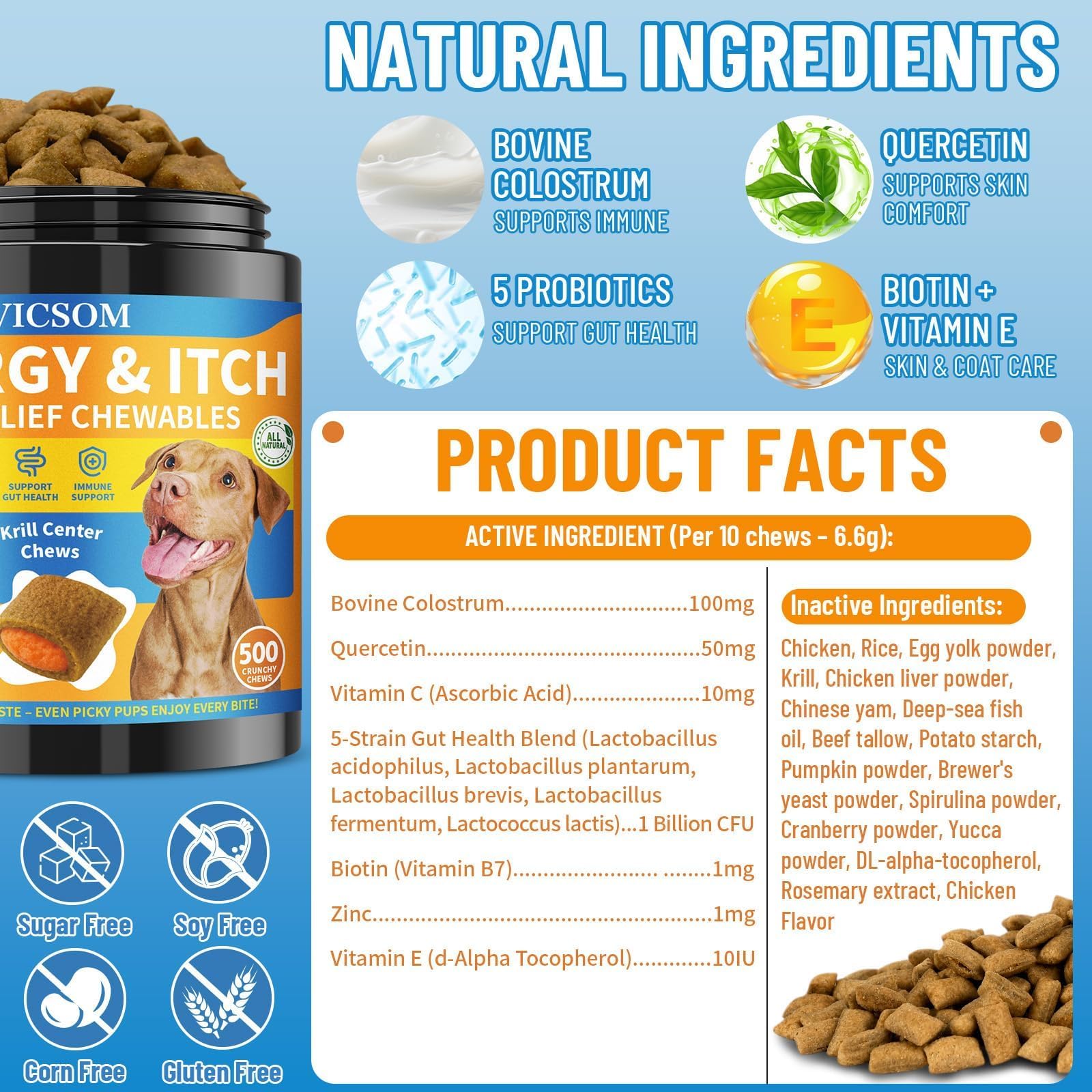 VICSOM ingredients close-up lists colostrum quercetin and probiotics for gut support
