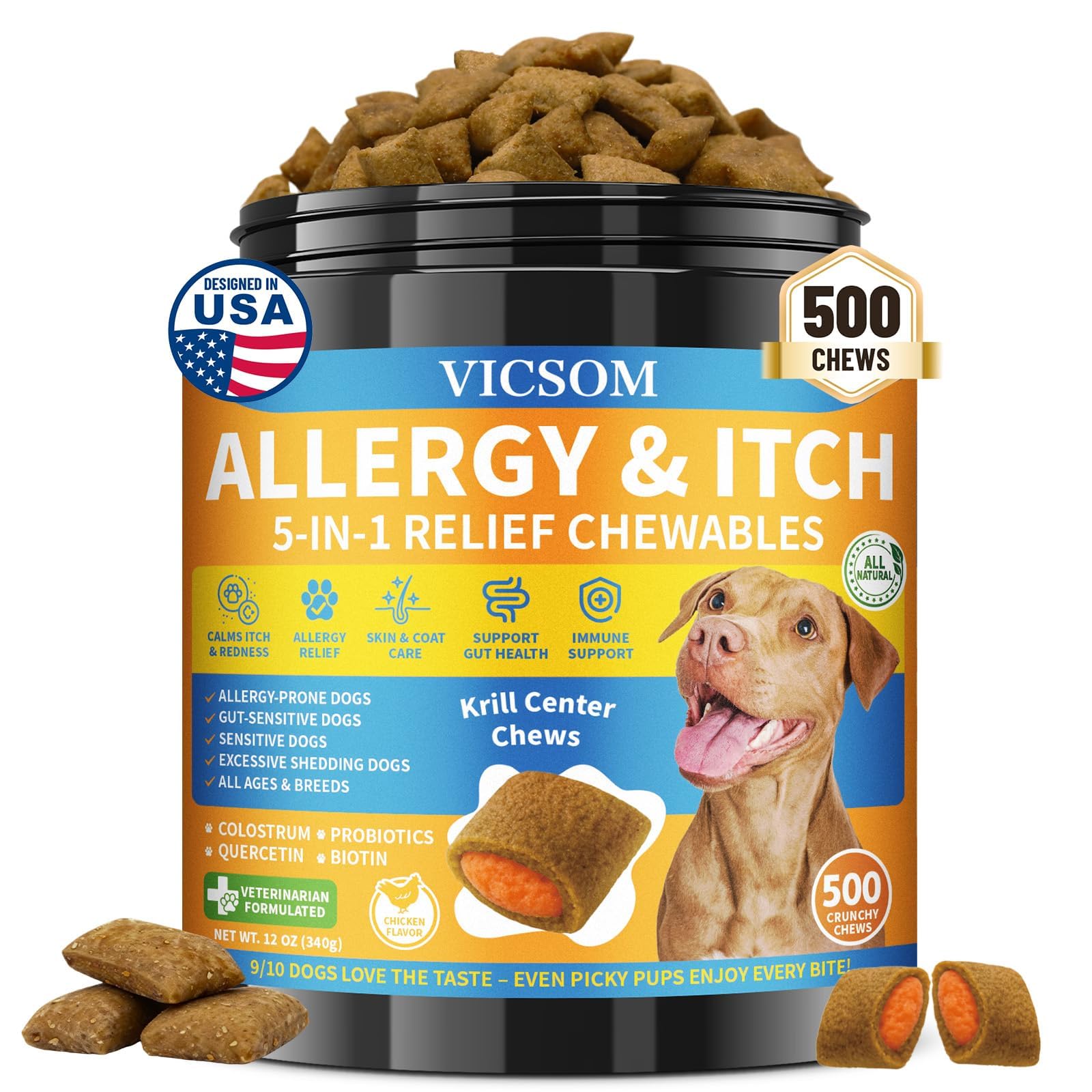 VICSOM dog allergy relief chews packaging highlights daily skin and immune support