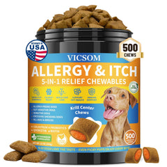 VICSOM dog allergy relief chews packaging highlights daily skin and immune support