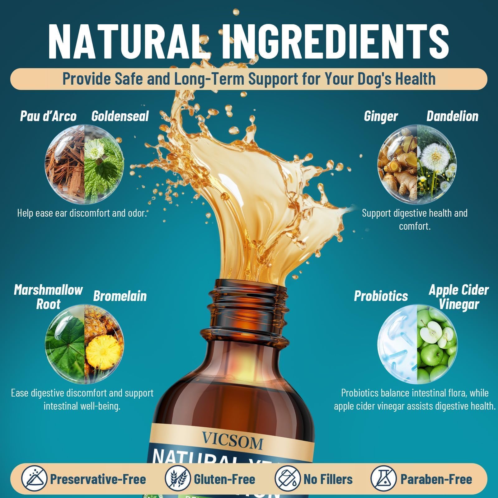 VICSOM ginger-dandelion-bromelain digestive support bottle indicates internal wellness.