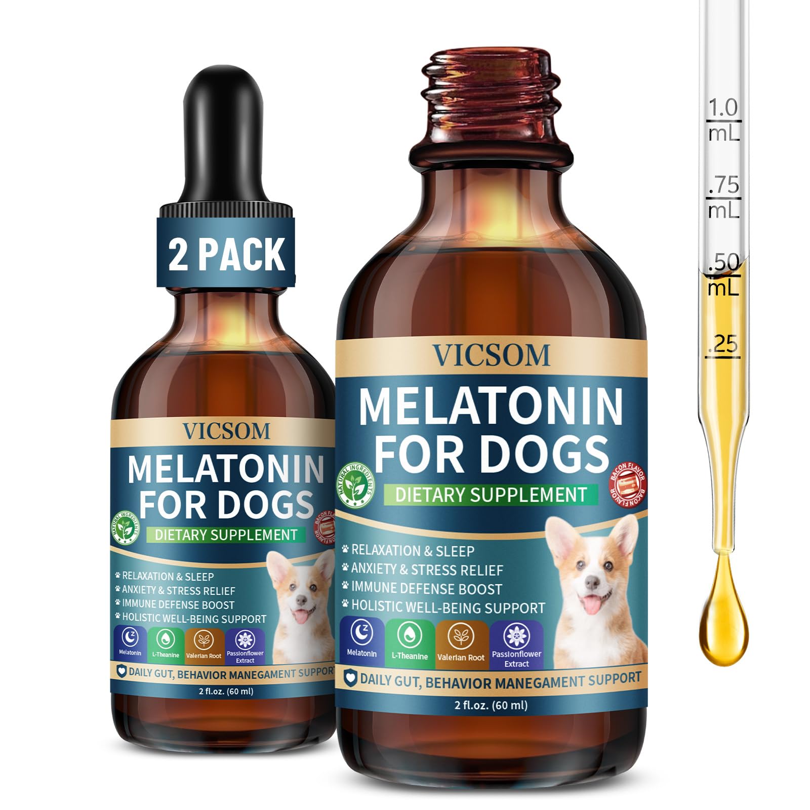 VICSOM liquid melatonin drops for dogs calms anxious dogs during stressful events.