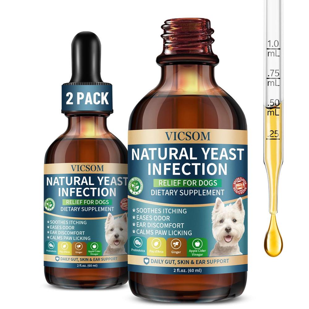 VICSOM natural dog yeast treatment bottle pour enables easy daily dosing and gentle relief.