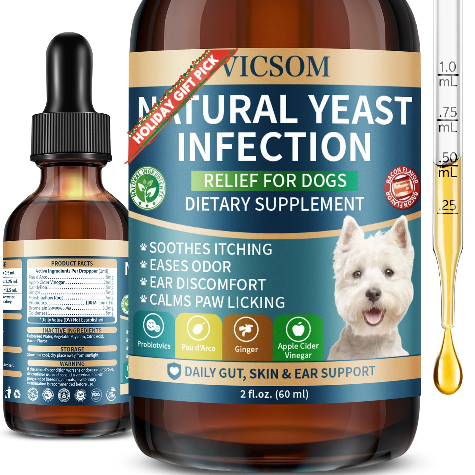 VICSOM natural dog yeast treatment bottle demonstrates simple daily dosing for ear and skin comfort.