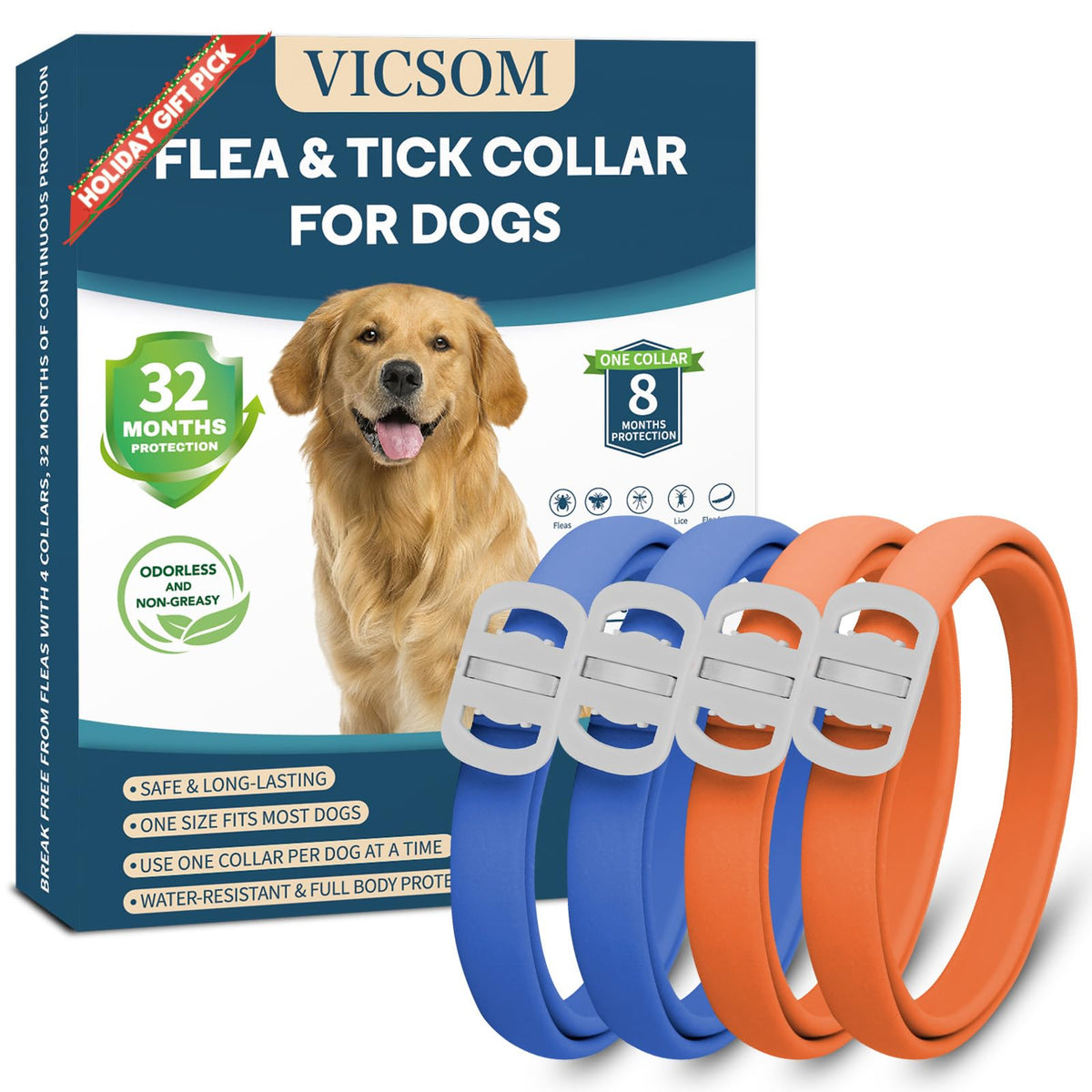 VICSOM dog flea and tick collar pack blue-orange front showing multi-pack protection.