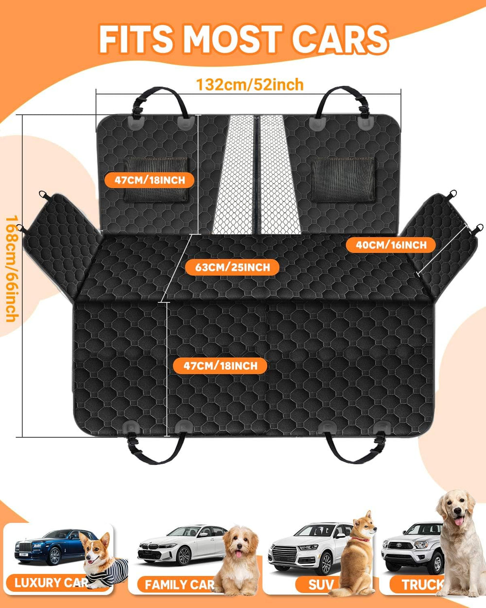 Victoper back seat extender includes storage pockets and two harnesses for dog trips.