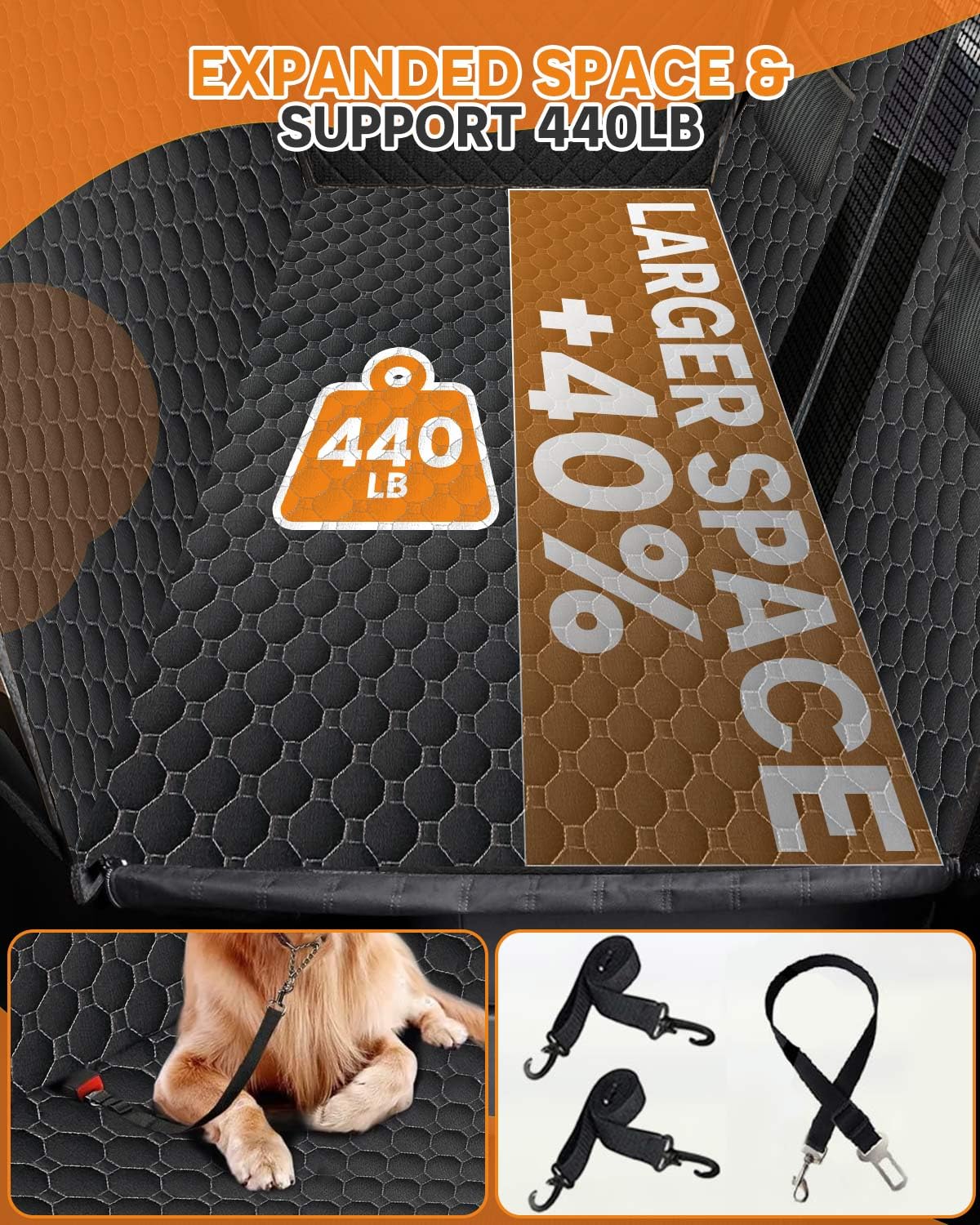 Victoper back seat extender shows three-panel design to expand seating space for dogs.
