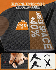 Victoper back seat extender shows three-panel design to expand seating space for dogs.