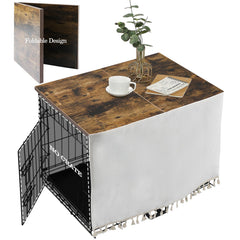 VIE DE AMAN dog crate topper front view in rustic brown enhances living room aesthetics.