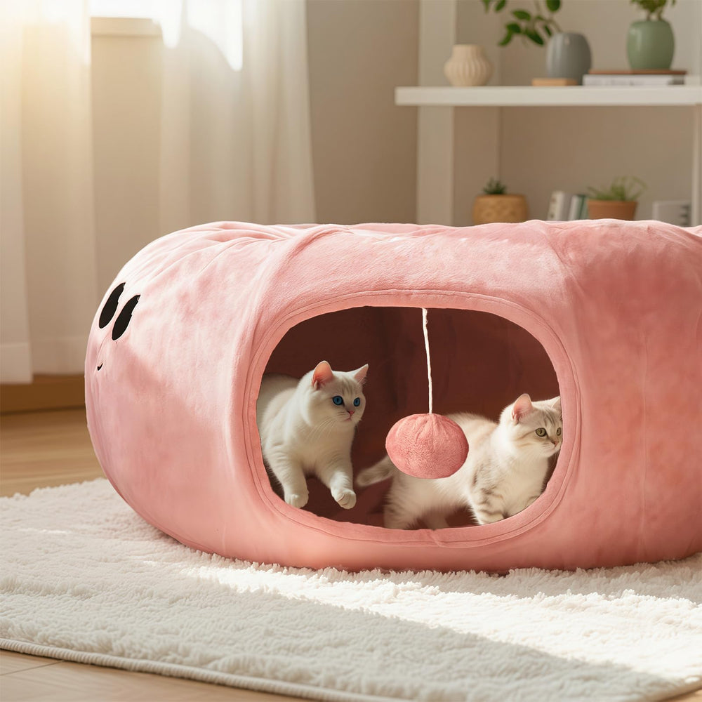 VIEFIN Cat Tunnel Bed setup image showing 20 toys for varied play experiences.