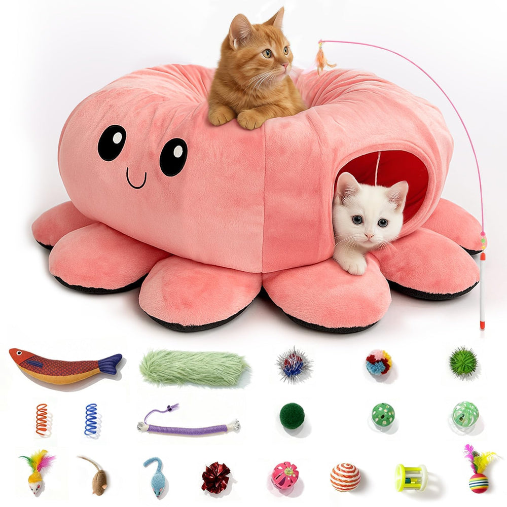 VIEFIN Cat Tunnel Bed octopus-face invites curious play and cozy hideaway for indoor cats.