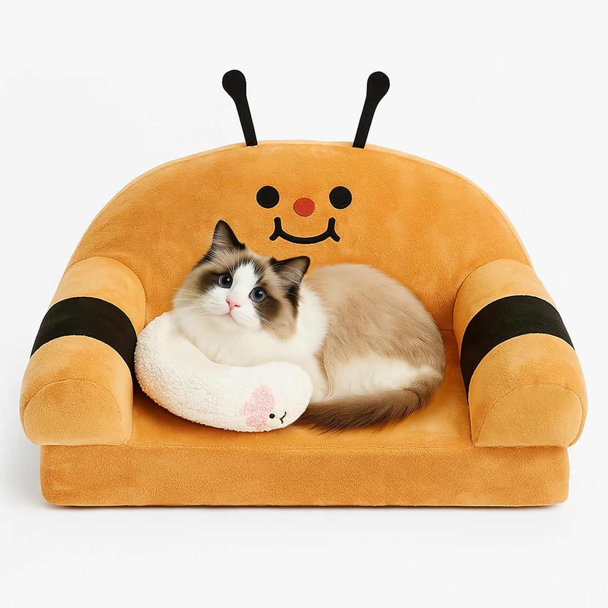 VIEFIN Cute Bee Cat Couch bee-shaped design invites playful lounging and cozy naps.