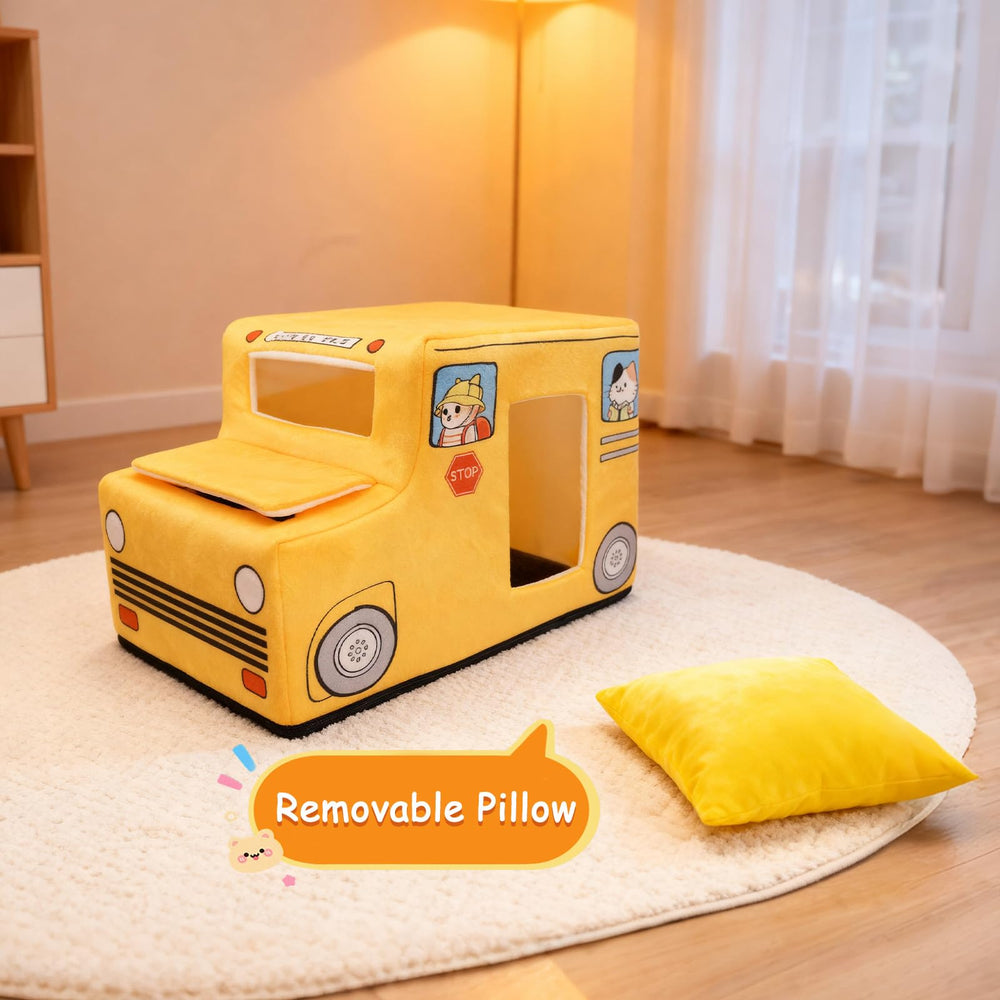 Viefin school bus interior shows a private cozy hideaway for naps.