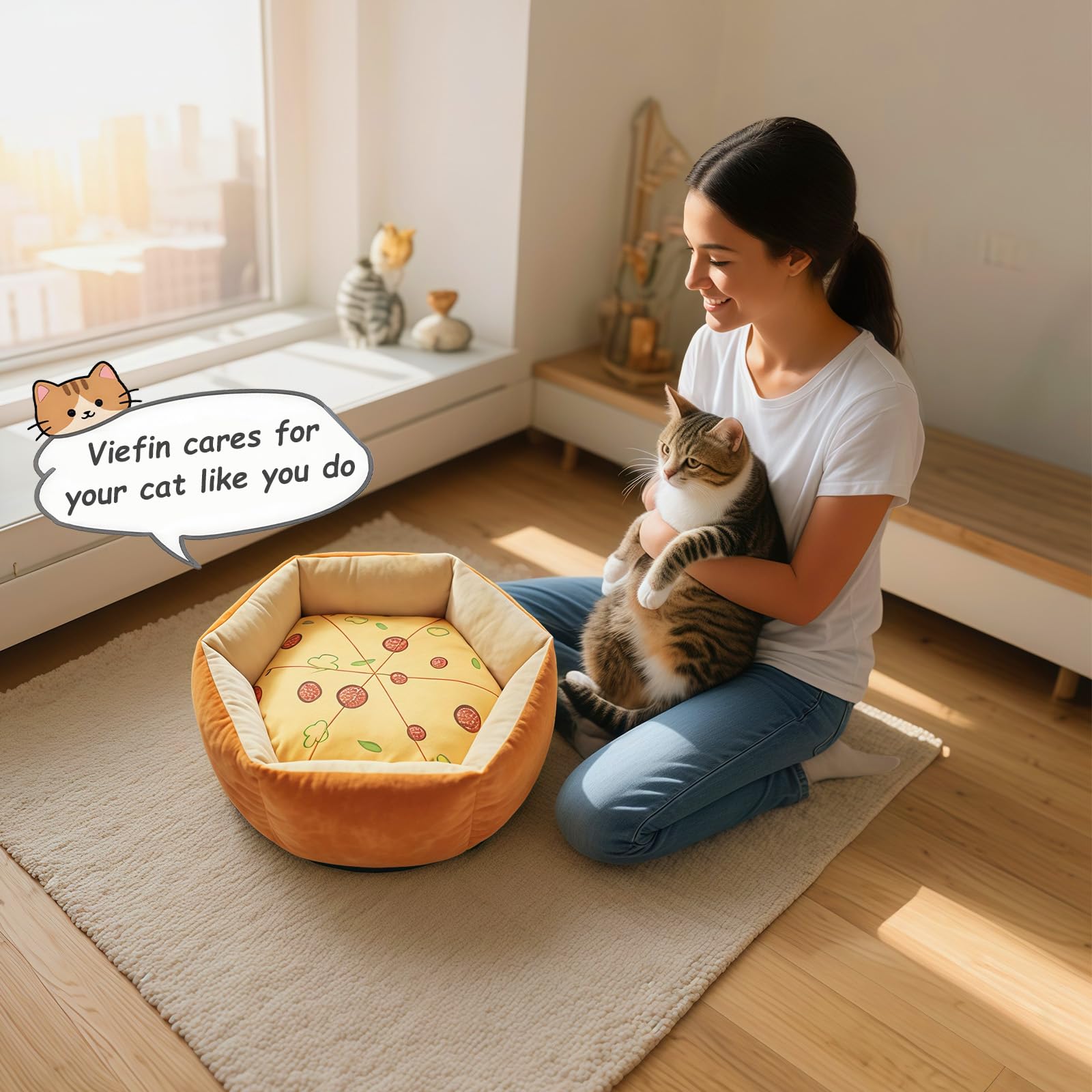 VIEFIN pizza cat bed machine-washable cushion for quick cleanup.