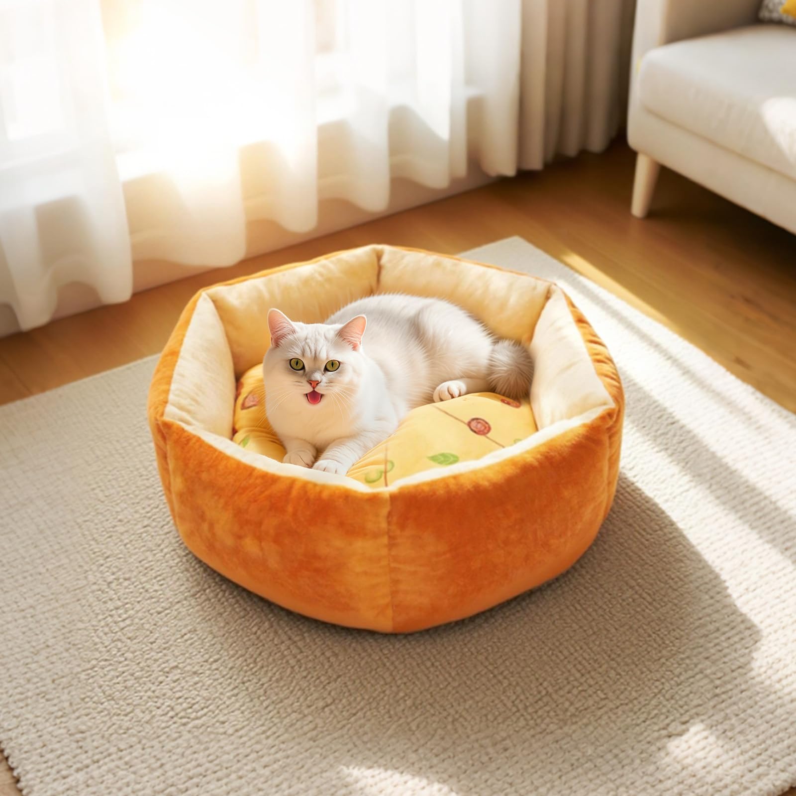 VIEFIN pizza cat bed side view highlights plush cushioning for peaceful sleep.