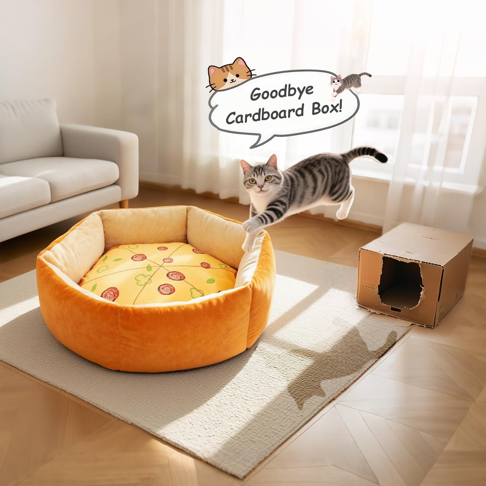 VIEFIN pizza cat bed plush cushion in use shows cat comfortably curled.
