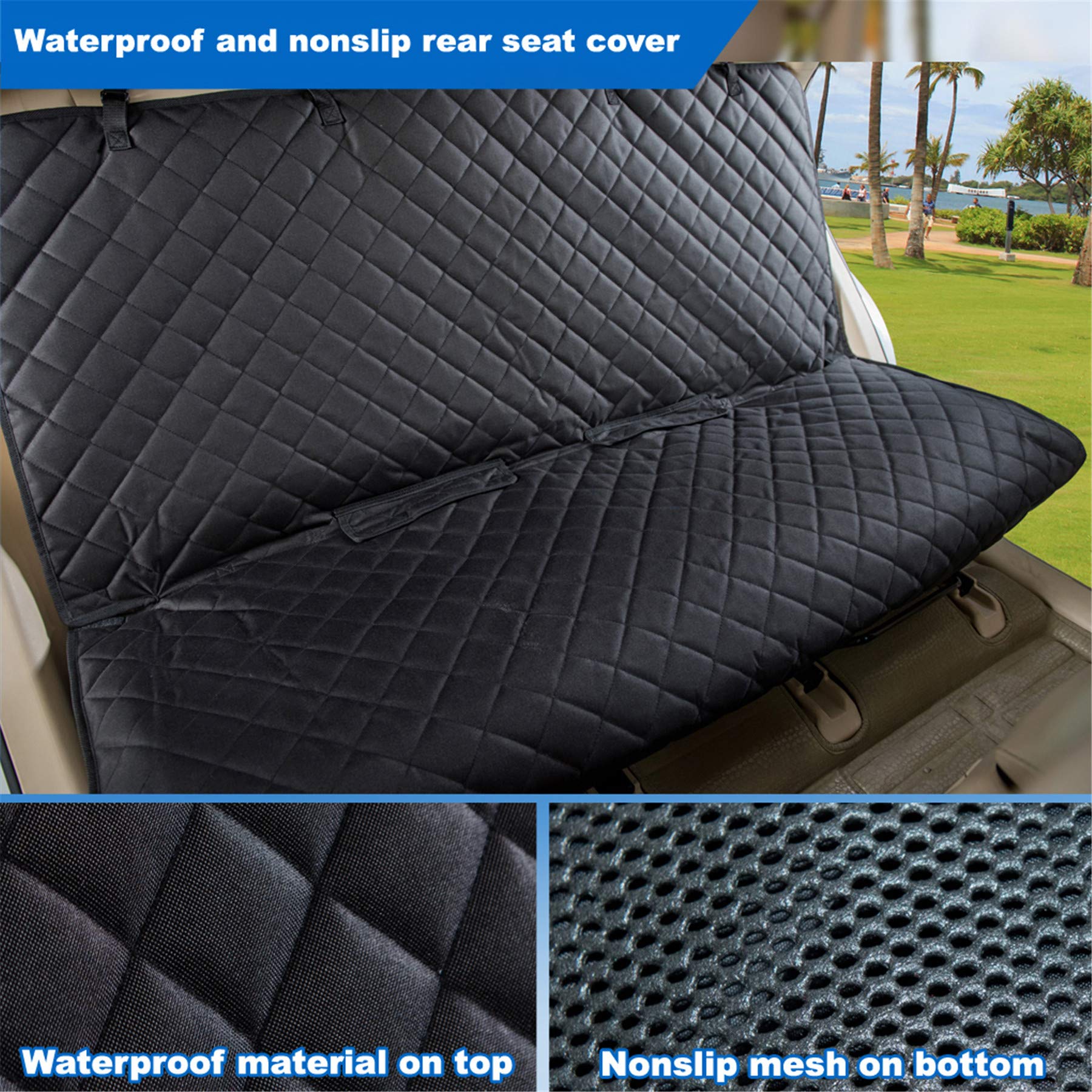 ViewPETS bench seat cover seat-anchors illustrate quick installation for a snug fit.