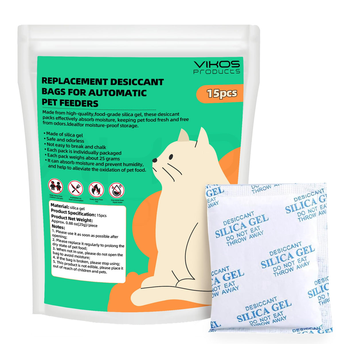 VIKOS desiccant bags 15-pack box preserves pet food freshness in feeders.