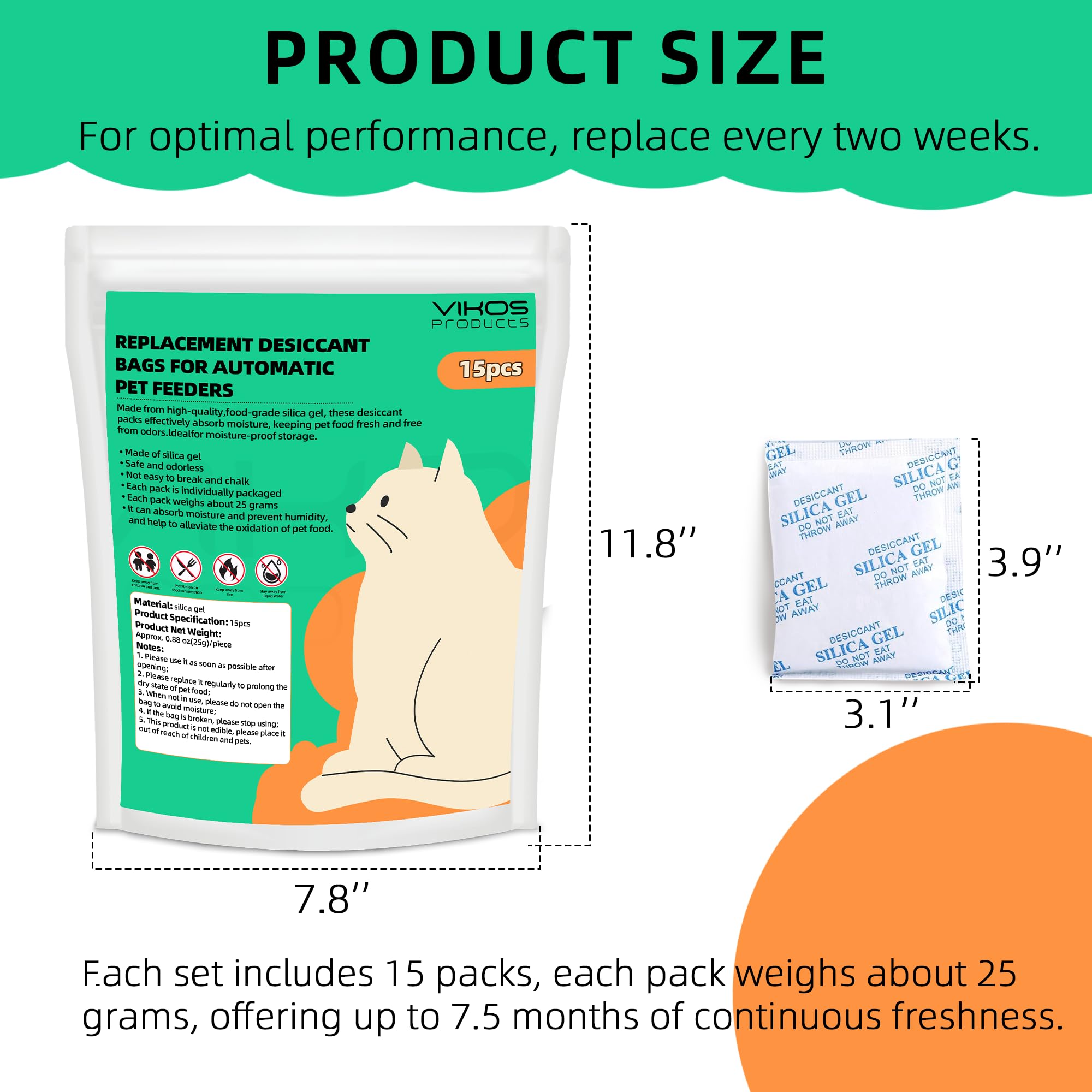 VIKOS 15-pack packs close-up shows silica gel for moisture control.