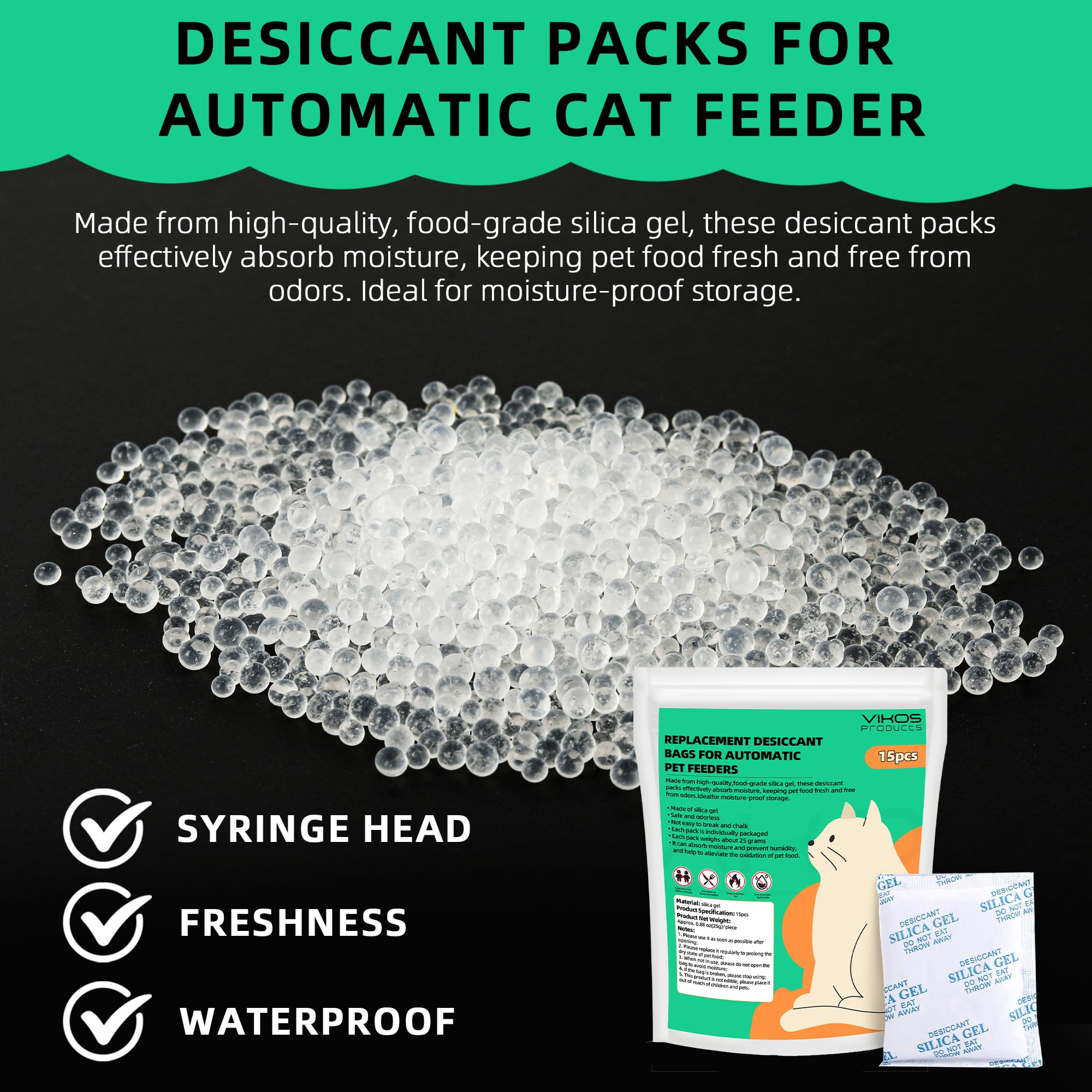 VIKOS desiccant bags fit Pet-kit feeders to maintain dry, fresh kibble.